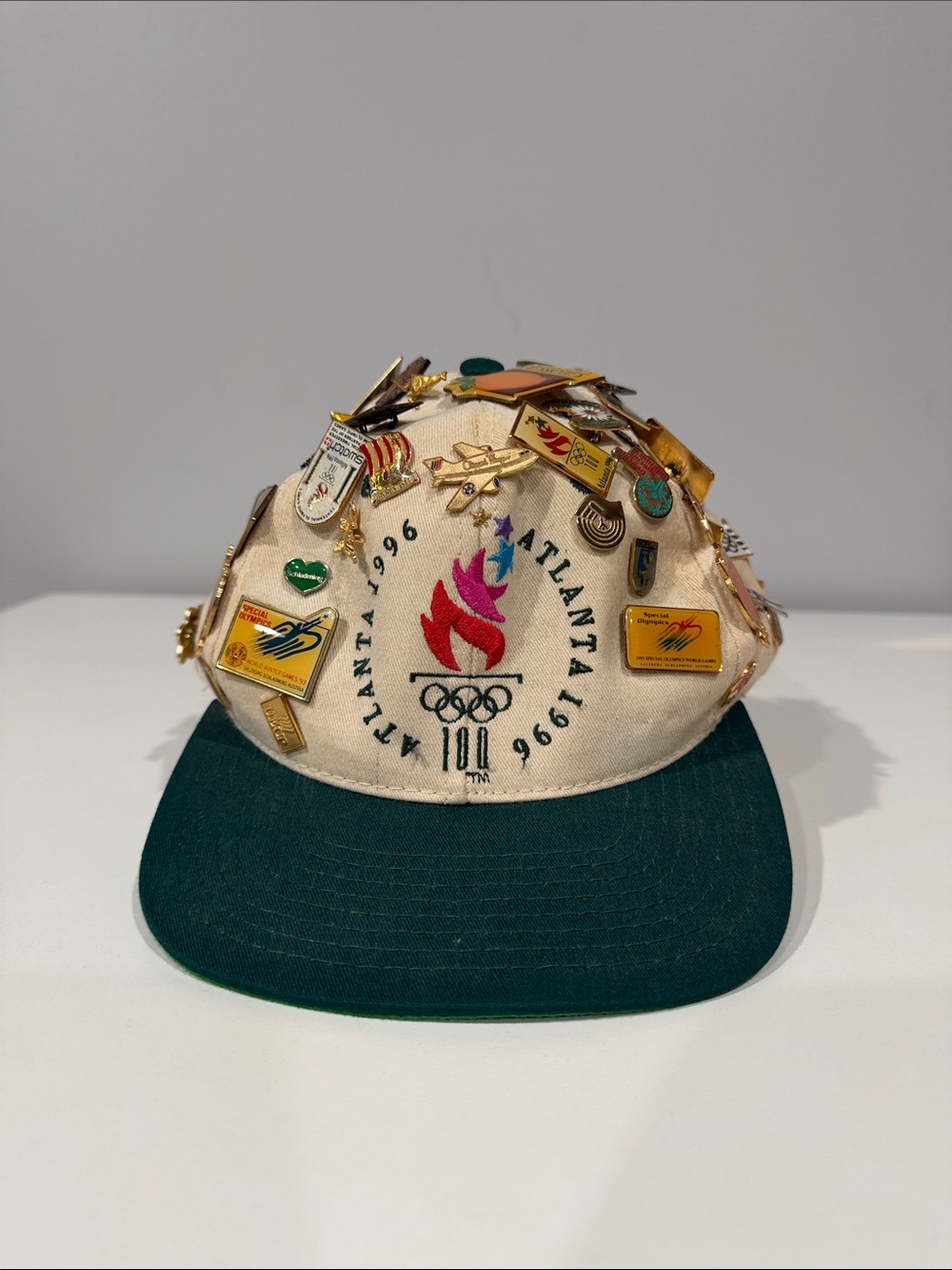 The Game Atlanta 1996 Olympic Torch Pin Hat - Cream & Dark Green